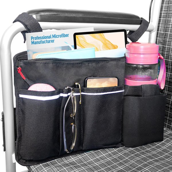 Wheelchair Pouch Side Pocket,Wheelchair Bags,Wheelchair Rollator Accessories,Wheelchair Bag Armrest,Electric Power Wheelchair Cup Holder Attachment,Wheelchair Side Bag with Cup Holder for Wheelchair