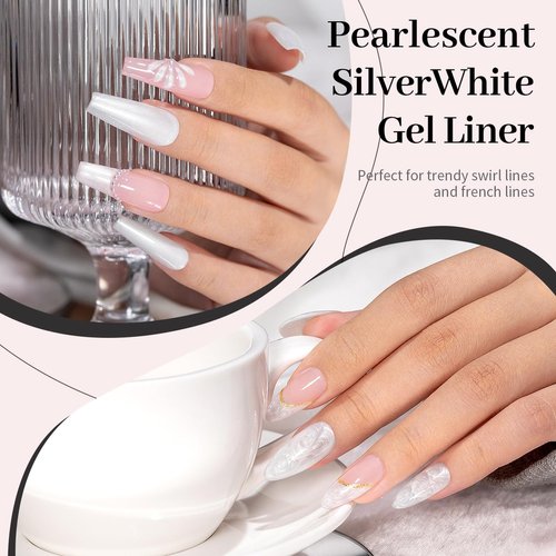 RARJSM Pearl White Gel Liner Nail Art Pearlescent Silver Shell Glitter Swirl Effect Gel Nail Polish 8ml Build in Thin Brush Painted Drawing Striper Gel Polish Soak off Curing Requires for Home Salon