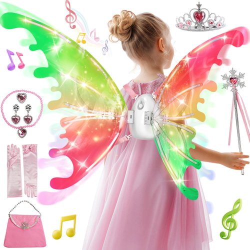 SMILESSKIDDO Electric Fairy Wings - Princess Dress up Costume and Light Up Butterfly Wings with LED Lights & Music, Cosplay Cape/Crown/Wand, Halloween Christmas Gift for Girls, Kids