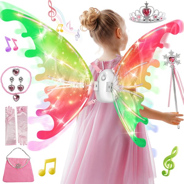 SMILESSKIDDO Electric Fairy Wings - Princess Dress up Costume and Light Up Butterfly Wings with LED Lights & Music, Cosplay Cape/Crown/Wand, Halloween Christmas Gift for Girls, Kids