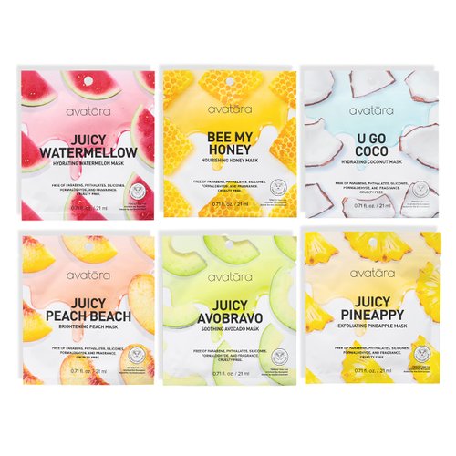 Avatara 6-Pack Sheet Mask Set, Beauty and Skincare Sheet Masks Collection, Skincare with Natural Extracts, Hydrating Face Mask Skin Care Set, All Skin Types, Teen Skincare, 6 Sheets
