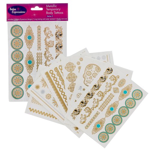 Metallic Temporary Tattoos- Six Sheets of Gold and Silver Long Lasting Flash Fashion Designs (Series 2) by Salon Designs