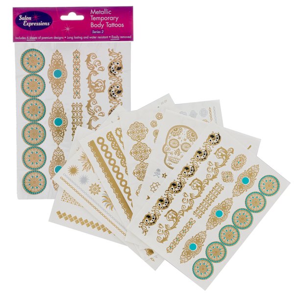 Metallic Temporary Tattoos- Six Sheets of Gold and Silver Long Lasting Flash Fashion Designs (Series 2) by Salon Designs