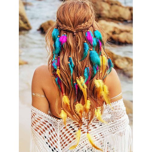 GENBREE Boho Feather Headband Gypsy Headpiece Bohemian Hippie Headbands Indian Hair Band Long Feather Hair Accessories for Women (Pattern 3)