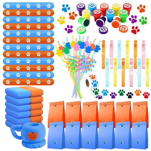 Xihoshi Dog Paw Print Party Favors Set 73PCS Dog Paw Print Party Supplies include Paw Print Drinking Straw, Footprint Stamper, Air Dry Clay ,Slap Bracelet , Footprint Sticker Roll, Gift Bag for Kids