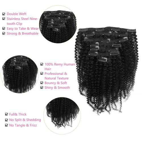 MIMIESEAT Kinky Curly Clip in Hair Extensions Real Human Hair 3C for Black Girl 4A Kinky Curly Human Hair Extension Clip ins Double Wefts Clip in Hair Natural Black 18 Inch 120G 7 Pcs Per Set