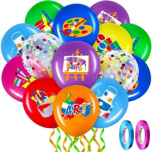 50 Pieces Art Party Balloons Printed Party Latex Balloons Multicolor Artist Balloons and Foil Confetti Balloons for Art Classroom Paint Class Painting Paintbrush Birthday Party Decoration, 12 Inches