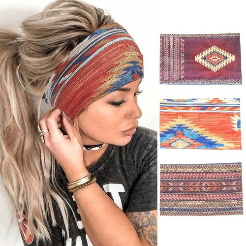 CAKURE Boho Headbands Stretch Wide Hair Bands Turban African Head Wraps Yoga Running Sweatband Hair Accessories for Women and Girls Pack of 3 (Type A)