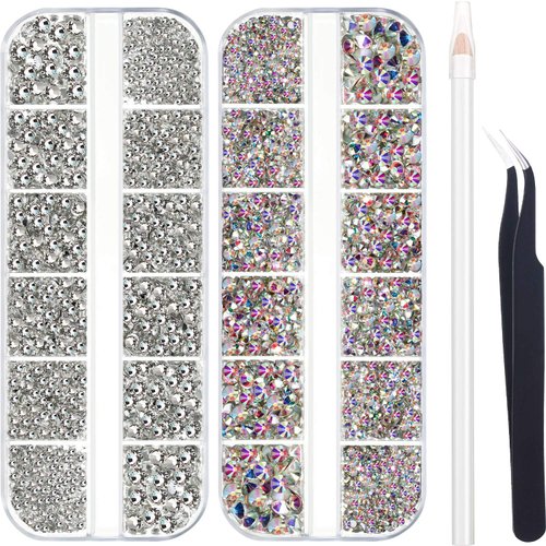 4488 Pieces Nail Art Rhinestones Crystal Flatback Rhinestones with Rhinestone Picker Pick Up Tweezers for Nails Art Clothes Shoes Bags Decoration (AB Color and Clear)
