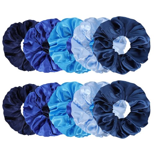 Whaline 10Pcs Blue Hair Ponytail Holders Bulk Hair Scrunchies Elastic Hair Bands Gradient Blue Satin Fabric Hair Ties for Women Girls Teens Hair Accessories Party Gift Favors