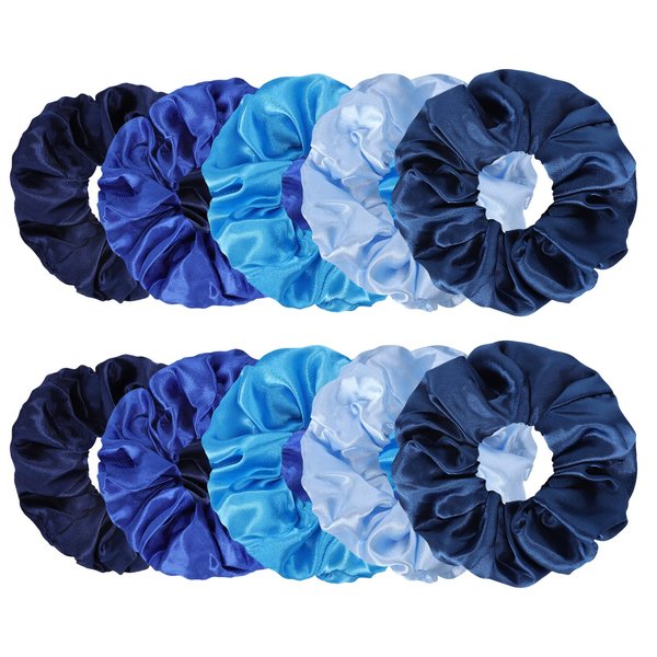 Whaline 10Pcs Blue Hair Ponytail Holders Bulk Hair Scrunchies Elastic Hair Bands Gradient Blue Satin Fabric Hair Ties for Women Girls Teens Hair Accessories Party Gift Favors