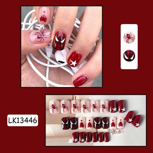 24pcs Halloween Press on Nail Short Square Fake Nails Full Cover Red Spider Designs Stick on Nails Sweet Cool Acrylic Glue on Nails for Women Man Party Cosplay Manicure or Gift