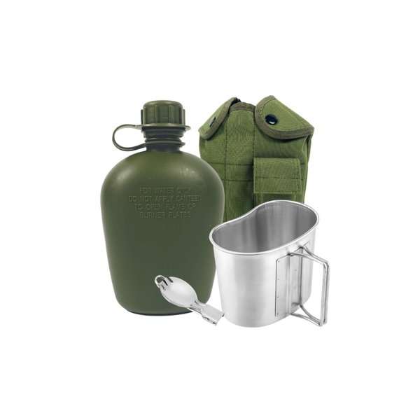 BeGrit Military Canteen Army Canteen WWII US G.I. Style Canteen Kit with Aluminum Cup Stainless Steel Foldable Spoon Fork for Hiking Backpacking Camping, 1 Quart Green