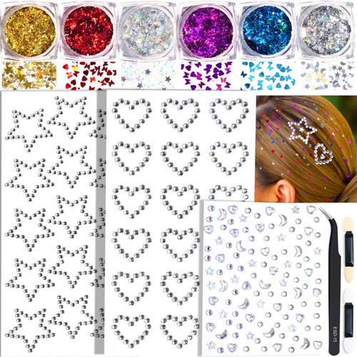 Face Glitter Body Glitter Gel with Face Heart Star Stickers, 6 Colors Hair Glitter Gel with Self Adhesive Face Gems Stick on Rhinestone Stickers for Face, Hair, Body for Festival Makeup