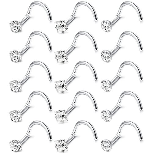 MILACOLATO Hypoallergenic Nose Rings 15Pcs 20G Surgical Stainless Steel Nose Ring Studs Screw Studs Rings Cubic Zirconia Nose Ring Labret Nose Piercing Jewelry for Women Men