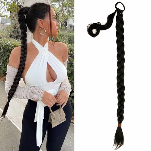 YOSILADY Long Braid Ponytail Extension with Elastic Tie Black Straight Sleek Wrap Around Braid Hair Extensions Synthetic Drawstring Ponytail for Women Daily Wear (34 Inch, Black)
