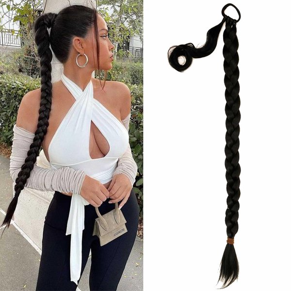 YOSILADY Long Braid Ponytail Extension with Elastic Tie Black Straight Sleek Wrap Around Braid Hair Extensions Synthetic Drawstring Ponytail for Women Daily Wear (34 Inch, Black)