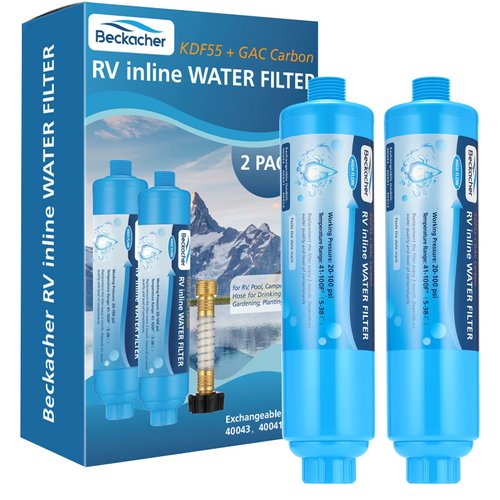 2-pack RV Water Filter with Flexible Hose Protector, KDF&GAC Reduces Bad Taste, Odors, Chlorine, and Sediment in Drinking Water, RV Inline/Marine Water Filter