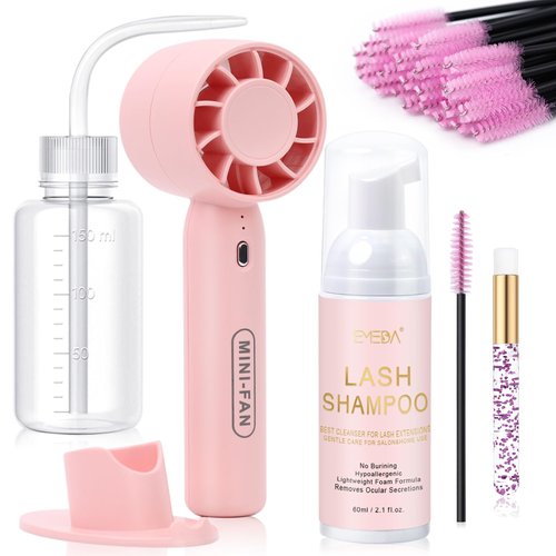 EMEDA Lash Shampoo Kit 2.02 fl oz Lash Cleaning Kit with Rechargeable Fan Dryer/Brush/Rinse Bottle, Oil-free Cleanser Wash for Extensions & Clusters & Natural Lashes, Cleaner for Eyelash Care