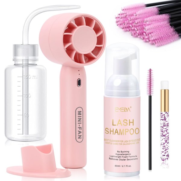 EMEDA Lash Shampoo Kit 2.02 fl oz Lash Cleaning Kit with Rechargeable Fan Dryer/Brush/Rinse Bottle, Oil-free Cleanser Wash for Extensions & Clusters & Natural Lashes, Cleaner for Eyelash Care