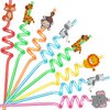 24 Reusable Jungle Safari Animals Plastic Straws for Lion Zebra Fox Monkey Giraffe Elephant Woodland Forest Zoo Animal Party Favors Supplies with Cleaning Brush Toy for Kids Boys Girls Friends