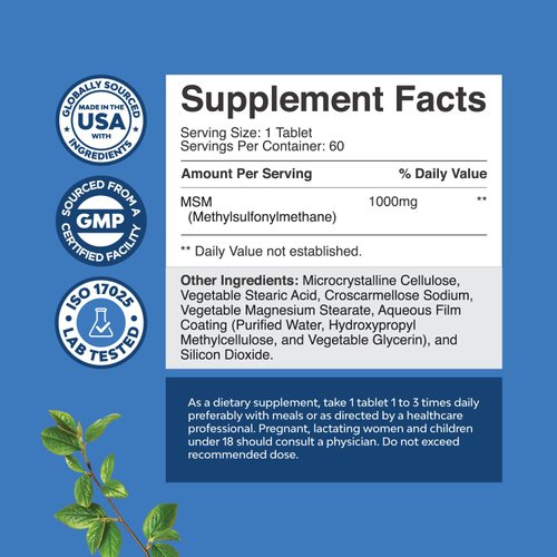 Pure MSM Supplement Tablets Joint Support for Increased Flexibility with Youthful Collagen Boosting Pills and Antioxidant Supplement for Men and Women