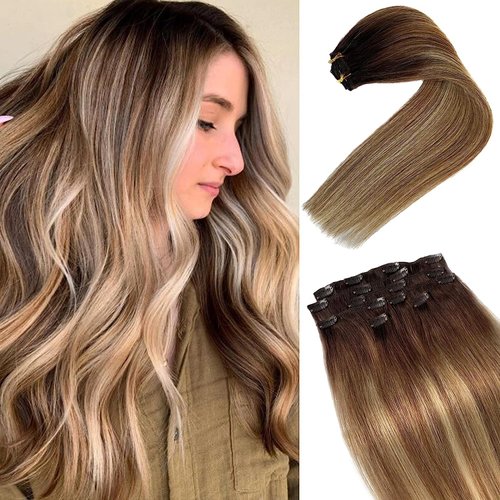 Valiilo Hair Extensions Clip ins Real Human Hair Clip in Hair Extensions Light Brown to Medium Blonde Balayage Remy Human Hair Clip in Extensions for Women 14 Inch 7Pcs/70g