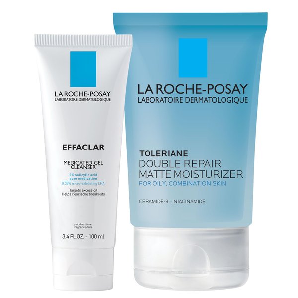 La Roche-Posay Acne Skin Care Set | Toleriane Double Repair Matte Moisturizer 75ml & Effaclar Medicated Gel Cleasner 100ml | Gel Moisturizer with Niacinamide & Acne Cleasner with Salicylic Acid