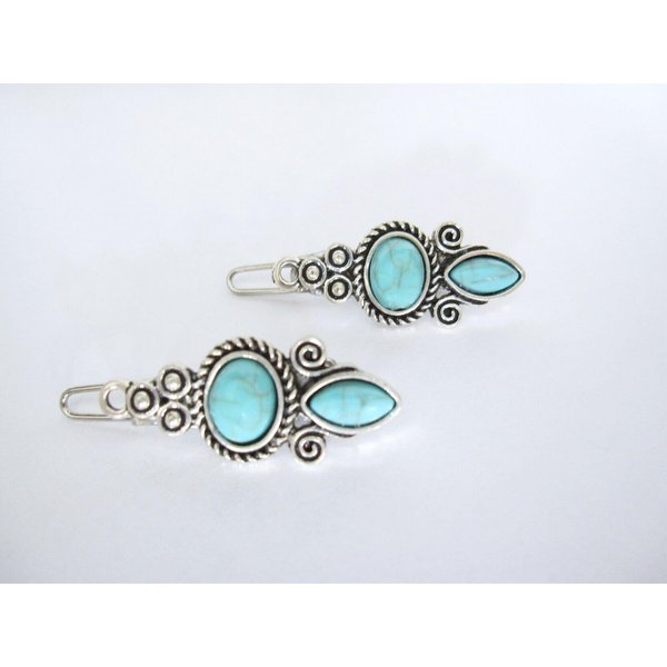 Generic Set of 2 extra small metal turquoise blue stone barrette hair clip for fine thin