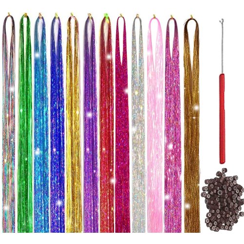 Hair Tinsel Kit With Tool 4200 strands Tinsel Hair Extensions 12 Colors Fairy Hair Tinsel, Sparkling Shiny Hair Tinsel Heat Resistant Highlights Glitter Tinsel Hair Extensions (48 Inch)