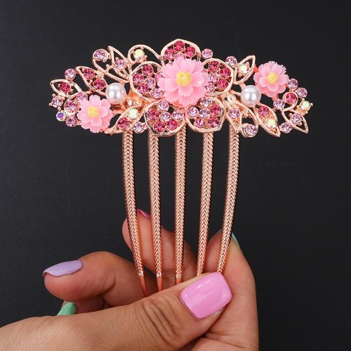 Chargances Bridal Flower Floral Hair Comb Wedding Pink Crystal Rhinestones Women Hair Side Comb Boho Pearl Hair Accessories Headpiece for Women and Girls (Pink)
