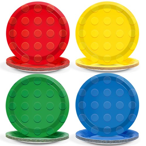 48Pcs Building Block Birthday Party Paper Plates for Building Bricks Themed Party Supplies 7" Colorful Building Block Birthday Party Disposable Plates for Kids Birthday Baby Shower Party Decorations