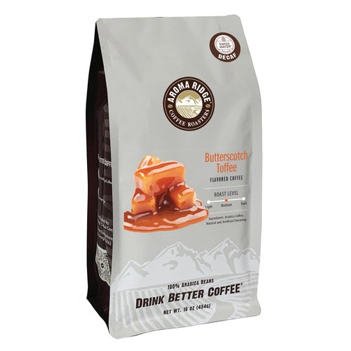 Aroma Ridge Butterscotch Toffee Swiss Water Process Decaf Flavored Coffee, 16 ounces, Whole Bean FlavorSeal Bag