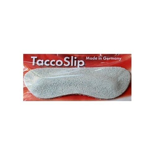 A PAIR OF TACCOSLIP TACCO SLIP FOOTCARE HEEL PROTECTORS. HEEL GRIPS HEEL GRIP SMOOTH AS VELVET. LIGHT GRAY COLOR. SUEDE LIKE TEXTURE. STOPS HEELS FROM SLIPPING. MADE IN GERMANY.