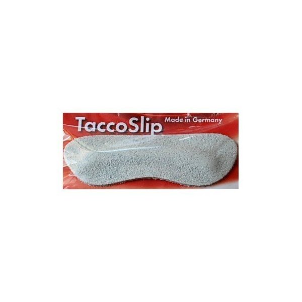 A PAIR OF TACCOSLIP TACCO SLIP FOOTCARE HEEL PROTECTORS. HEEL GRIPS HEEL GRIP SMOOTH AS VELVET. LIGHT GRAY COLOR. SUEDE LIKE TEXTURE. STOPS HEELS FROM SLIPPING. MADE IN GERMANY.