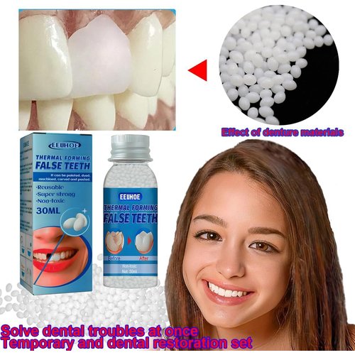 Fake Teeth Repair Kit, Provisional Fake Teeth Replacement Kit for Provisional Restoration of Missing & Broken Teeth Replace ment Dentures, DIY Heat Fit Beads. 【100% New 30Ml -1 Bottle】