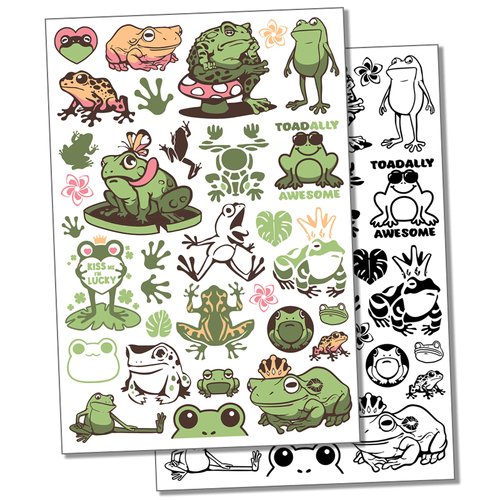 Frogs Toads Amphibians Temporary Tattoo Water Resistant Fake Body Art Set Collection - Black (One Sheet)