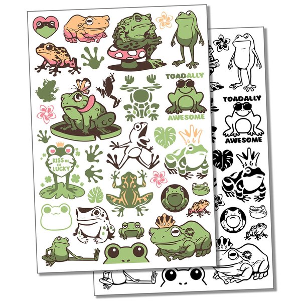 Frogs Toads Amphibians Temporary Tattoo Water Resistant Fake Body Art Set Collection - Black (One Sheet)