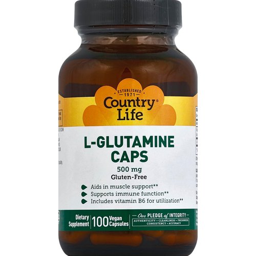 Country Life L-Glutamine 500 mg with B-6 - Amino Acids Supplement for Muscle Support & Gut Health - Vegan, Gluten-Free, Kosher - High Absorption - No Yeast, Corn, Soy - 100 Capsules