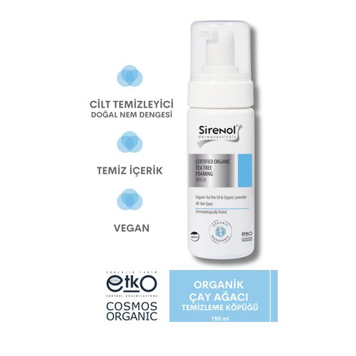 Sirenol Organic Tea Tree Foaming Wash, COSMOS Organic Certified Ingredients, Gentle Cleanser for Clear Skin, 8.45 oz