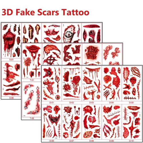 Fake Scars Halloween Temporary Tattoos Face Fake Blood Makeup Fake Scars Cuts, Face Fake Stitches Temporary Tattoos Healthy Makeup 3D Realistic Fake Scratches Blood Scar Tattoo Stitches Sticke 30PCS