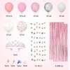 Amandir Pink Birthday Decorations for Women Girls, Pink Silver Balloon Crown Happy Birthday Banner Foil Balloons Fringe Curtains Glitter Silver Star Garland for Girl Women Birthday Pink Party Supplies