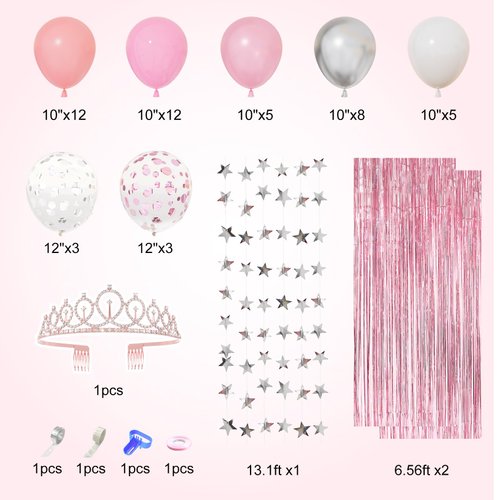 Amandir Pink Birthday Decorations for Women Girls, Pink Silver Balloon Crown Happy Birthday Banner Foil Balloons Fringe Curtains Glitter Silver Star Garland for Girl Women Birthday Pink Party Supplies