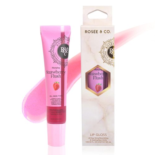 ROSÉE & CO Rosee Lip Gloss Vegan & Cruelty Free Treatment, Long Lasting Glossy with Shea Butter, Moisturize, Protect & Smooth - Clear (g. Strawberry Flush, 0.5oz)