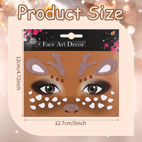 2PCS Cute Reindeer Face Sticker Christmas Temporary Tattoo Self-adhesive Face Body Jewel Sticker Xmas Elk Glitter Sparkling Face Art Stickers for Makeup Face Decoration(Antler)