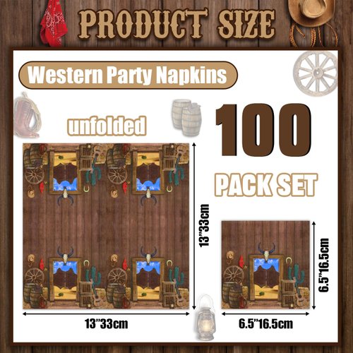 100Pcs Western Party Napkins 13 x 13inch Wild West Western Party Supplies Paper Napkin for Western Birthday Party Decorations Western Party Supplies