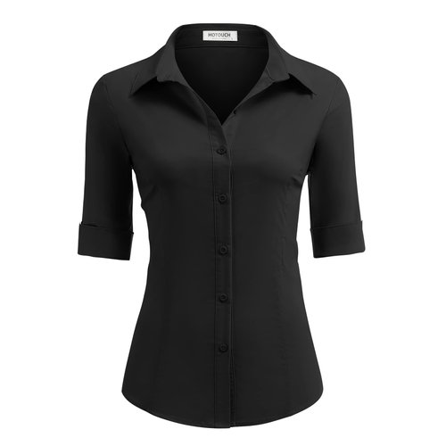 HOTOUCH Women Button Down Blouse Stretch 3/4 Sleeve Button Down Shirts Restaurant Button Up Shirt (Black XL)