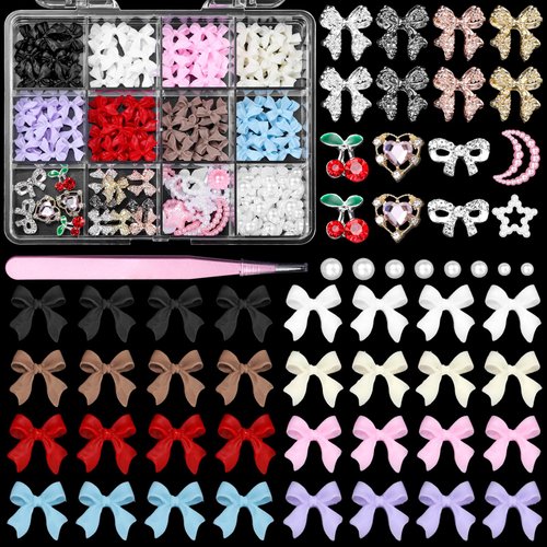 3D Bows Nail Charms Gems, Heart Cherry Bowknot Alloy Nail Gems, Pink Color White Red Black Pearls Nail Bow Charms for Acrylic Nails, Bowknot Nail Jewelry Charms for Nails Art Decoration DIY