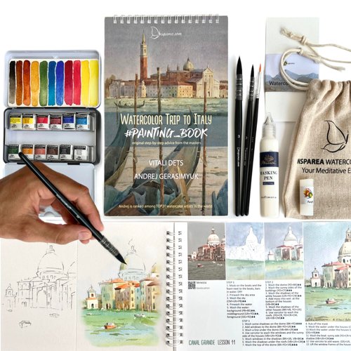 Insparea Enhanced Watercolor Set “Watercolor Trip to Italy” PRO Level Paints Painting KIT for Adults 140 Lb Premium Paper Coloring Tutorial Workbook Art Gift Beginner Sketchbook with 17 Lessons