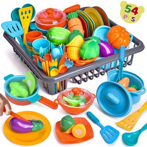 Play Dishes for Kids Kitchen, 54PCS Food Toys Play Food for Kids Kitchen Including Play Dishes Pots, Pans & Pretend Food Pretend Toys for Toddlers